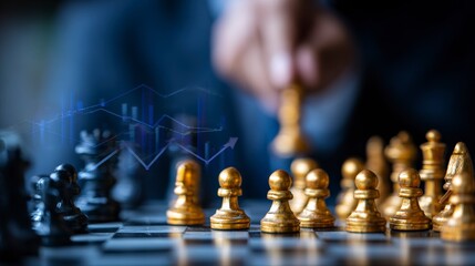 A hand moving a chess piece on a chessboard with financial graph overlaying the chess game strategy