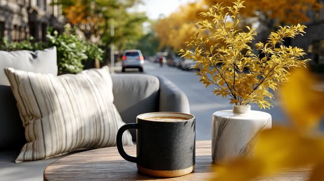 Savor warm coffee on a charming patio surrounded by vibrant autumn leaves and peaceful streets in a lovely setting