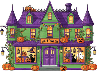 Spooky halloween haunted house with pumpkins and black cats in the windows at night