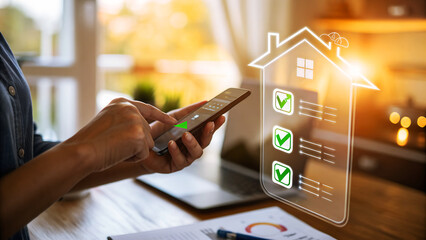 Woman using a smartphone with a house icon and checkmarks, representing home inspection and real estate approval process
