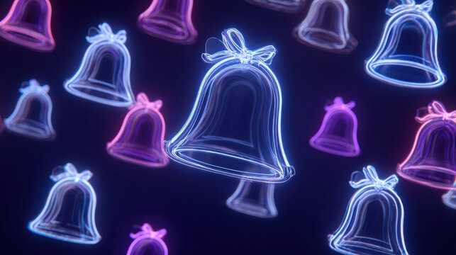 Neon glowing bells with bows create festive atmosphere