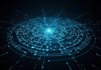 Abstract digital visualization of a futuristic network or data structure with glowing blue lines and nodes on a dark background