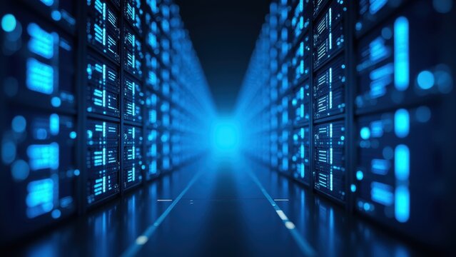 Abstract background showcasing a vast AI-powered archive with endless rows of glowing data cabinets. The deep blue cybernetic glow, futuristic atmosphere, massive digital information storage.