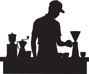 Silhouette of person making coffee with grinder and pour over