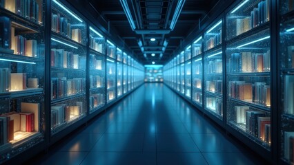 Obraz premium A visually immersive archive extending infinitely into the distance, filled with transparent glowing book-like structures. Data streams cascade between them, sense of endless knowledge preservation.