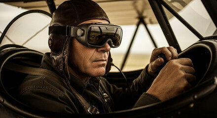 Experience the thrill of vintage aviation with this confident pilot ready for flight in his airplane
