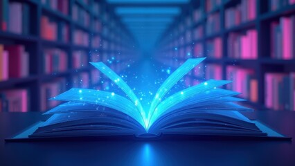 a high-tech digital library where holographic books hover in mid-air. The scene is illuminated with neon blue and purple lights, and transparent book pages display dynamic data streams.