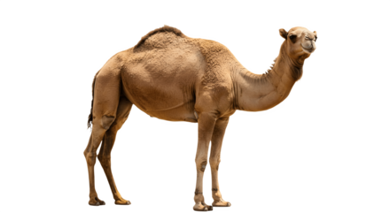Camel isolated on white background with clipping path, desert animal portrait for agriculture, travel, safari and wildlife concepts, Arabian dromedary livestock used in transportation and survival in 
