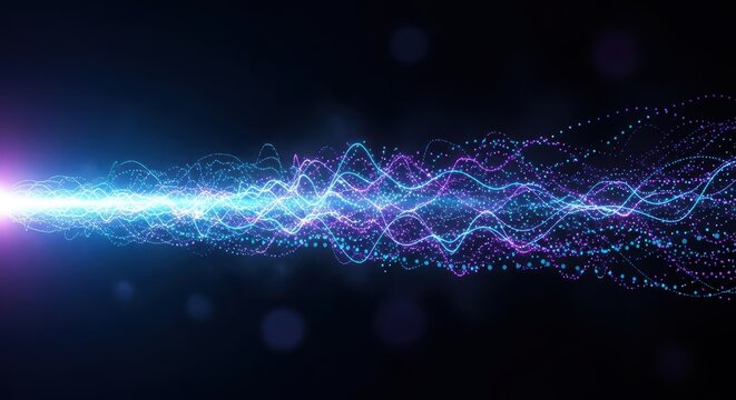 Abstract glowing wave of blue and purple particles flowing from a bright light source on a dark background