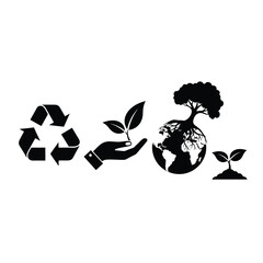 A collection of four black environmental icons representing recycling, conservation, sustainability, and care for planet Earth.
