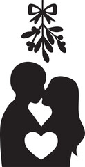 Couple silhouette kissing under mistletoe vector, romantic Valentine’s holiday love scene design.