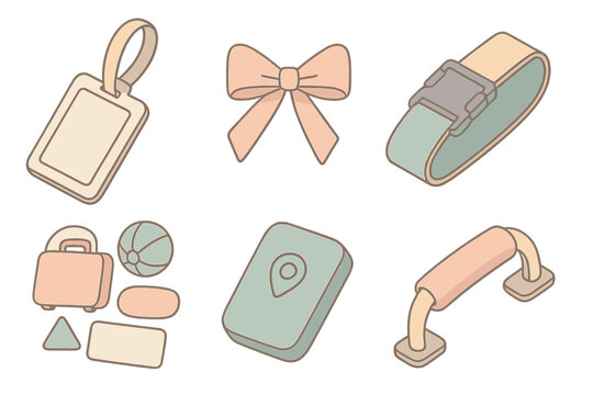 Travel Suitcase Accessories. Isometric vector illustration set Suitcase Identification Items: name tag holder, colored ribbon tie,