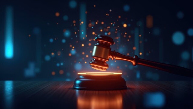 A judge's gavel in mid-air, striking a floating, glowing digital copyright seal surrounded by futuristic light trails. digital law enforcement and copyright protection.