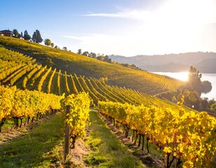 Golden vineyard hills at sunrise over a lake