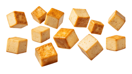 Scattered cubes of fried tofu isolated on transparent background