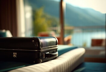 A black suitcase sits on a bed in a bright room with a scenic view of a lake