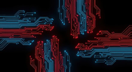 Abstract digital circuit board with glowing blue and red lines on a black background, representing technology and data flow