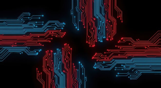 Abstract digital circuit board with glowing blue and red lines on a black background, representing technology and data flow