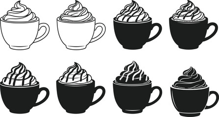 Collection of coffee cup and mug silhouettes with whipped cream topping, cute cartoon style, decorative black and white vector illustration