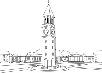 Line art of campus clock tower with buildings in background