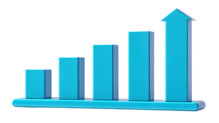 Blue bar graph with arrow isolated on transparent background
