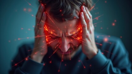 A first-person perspective of someone experiencing a migraine, with blurred, distorted vision, light sensitivity, and floating aura effects.