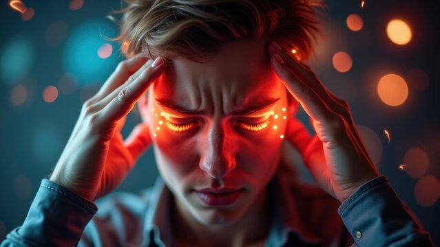 A first-person perspective of someone experiencing a migraine, with blurred, distorted vision, light sensitivity, and floating aura effects.