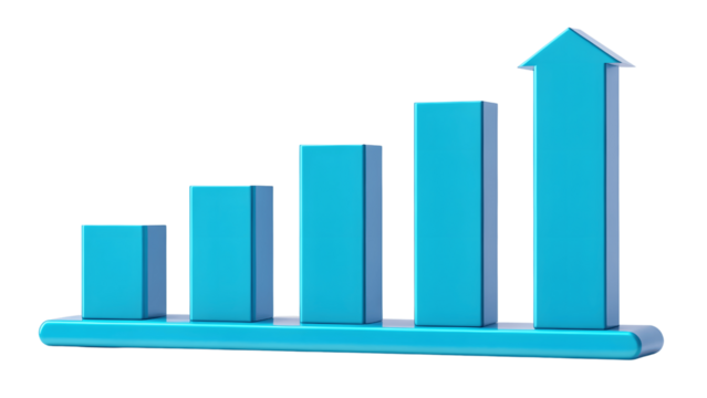 Blue bar graph with arrow isolated on transparent background