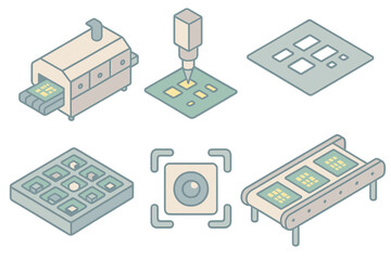 Isometric SMT Equipment. Isometric vector illustration set Surface-mount technology (SMT): reflow oven with PCB, pick-and-place