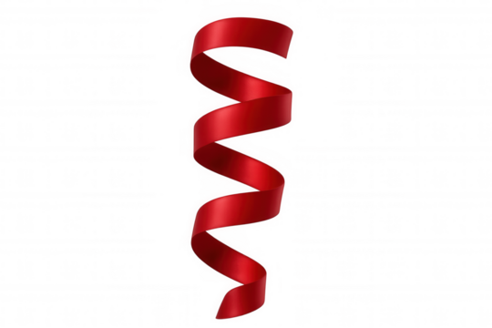 Red satin ribbon spiraling down, creating a festive holiday or celebration design element on transparent background