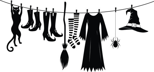Halloween laundry line with witch costume cat spider and broom in black silhouette