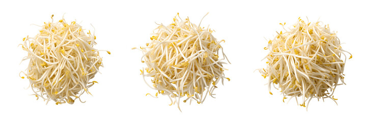 Three piles of fresh bean sprouts isolated on transparent background