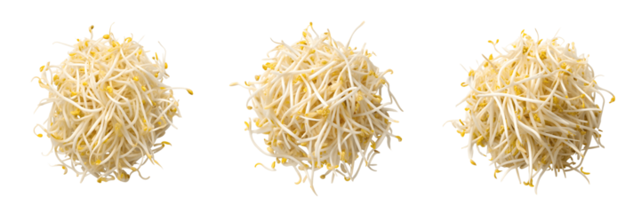 Three piles of fresh bean sprouts isolated on transparent background