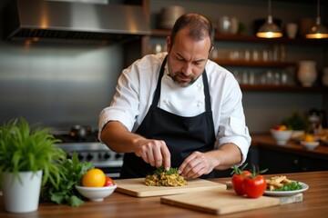 Famous chef crafting a delectable dish with the finest herbs and spices