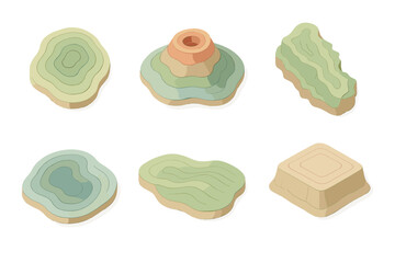 Pastel Topographic Contours. Isometric vector illustration set topographic map contour elevation: island contour layers, volcanic