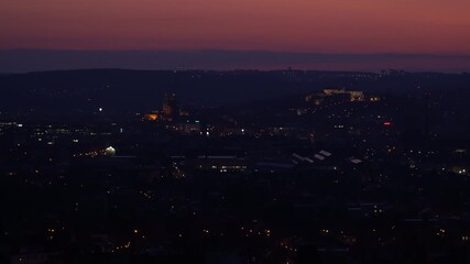 Brno, Czech Republic - March 29, 2025: View of the city from above at night. Evening city panorama. Špilberk Castle