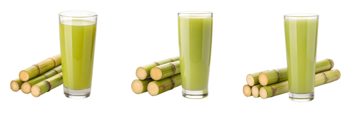 Set For Sugarcane juice in glasses with sugarcane sticks isolated on transparent background