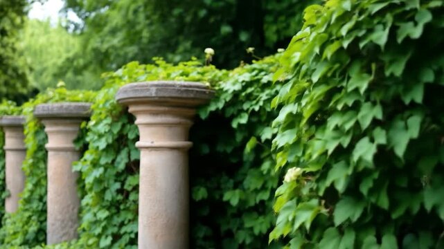 Stone columns with ivy in garden landscape architecture