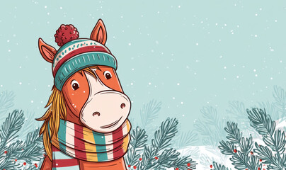 Cheerful cartoon horse wearing a colorful winter hat and scarf, surrounded by snow-covered pine branches, creating a festive and playful holiday atmosphere with copy space