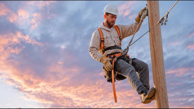 Man electrician lineman working on power pole performing maintenance, utility worker climbing, telecommunications footage.