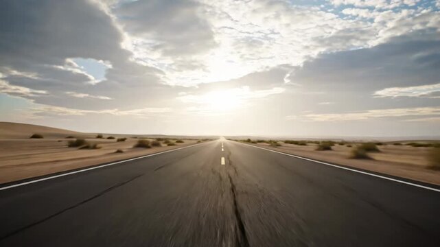 Tracking shot following an empty, winding desert road stretching into the remote, hazy distance under a wide, dramatic sky epic, winding desert road, isolation