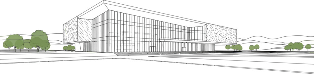 Modern Building Exterior, Line Drawing of a Commercial Structure