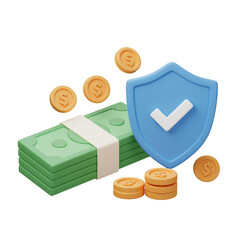 Financial security illustration with money cash and a shield for digital protection on black background