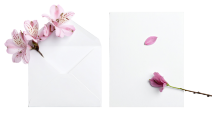 Two white envelopes, one with pink flowers, the other blank, showcasing delicate floral accents