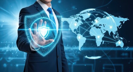 Businessman presenting a digital shield and world map with network connections, symbolizing global cybersecurity