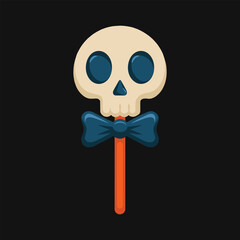 Cartoon skull lollipop with blue bow tie on black background Keywords: skull, lollipop, candy, sweet