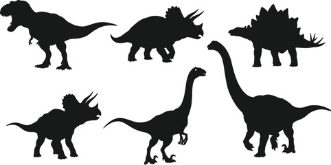 Dinosaur silhouettes including Tyrannosaurus rex, Triceratops, Stegosaurus, Velociraptor, Brachiosaurus, prehistoric animals, Jurassic creatures, fossil era vector illustration design