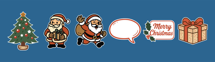 Charming Christmas themed cartoon stickers featuring Santa Claus, a decorated tree, a gift, and a speech bubble on a blue background for holiday cheer