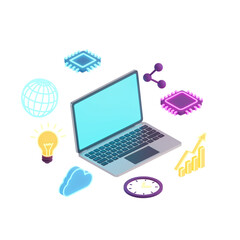 Isometric laptop surrounded by tech icons representing data science and innovation in business and technology
