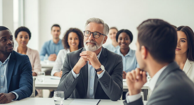 Engaged diverse professionals attentively listening in a modern conference room setting